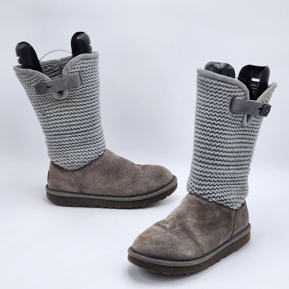 UGG Shaina Knit Cuff Button Suede Gray Slouch Boots Size 8